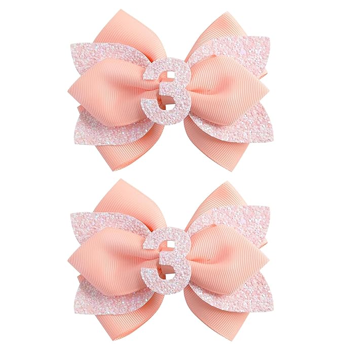 Pink Birthday Hair Bow for Baby Girls - 2Pcs Peach-pink Sprinkle Hair Clips for 3rd Birthday Glitter Baby Bow Party Decorations for Girls Toddlers Hair Accessories