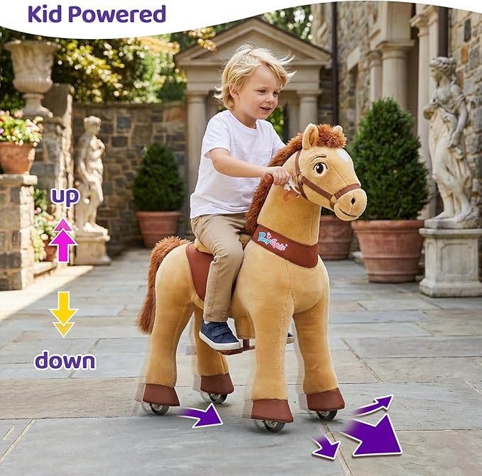 PonyCycle Plush Interactive Riding Horse Kids Ride on Toy Ride on Horse Walking Horse, Essential Model E Size 4 for Age 4-7, No Electricity with Wheels, Giddy up Riding Toys Pony Light Brown E436