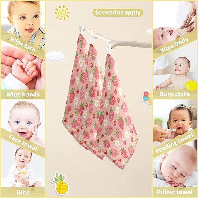 Moudou Strawberry Baby Muslin Washcloths 3 Pack, Absorbent Soft Cotton Baby Bath Face Towels Burp Cloths for Newborn Boys Girls, 12 x 12 Inch