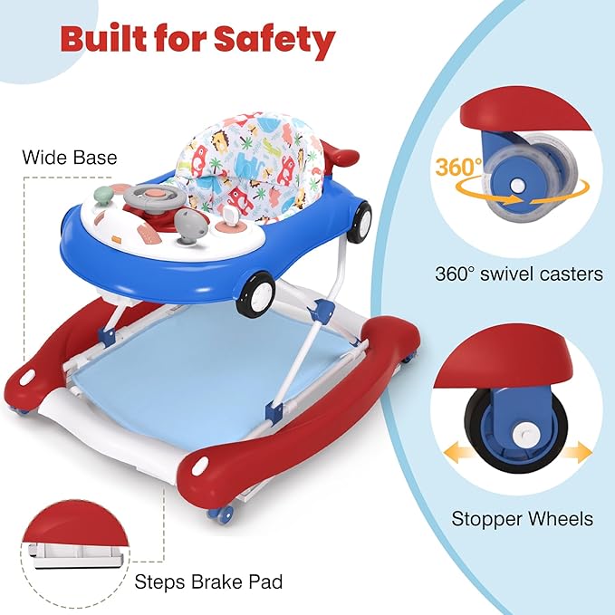 5-in-1 Convertible Baby Walker with Steering Wheel Music Activity Center – Infant Rocker, Jumper, Push Walker, Bouncer & Feeding Foldable Walker for Ages 6-18 Months Boys Girls (Red Blue)