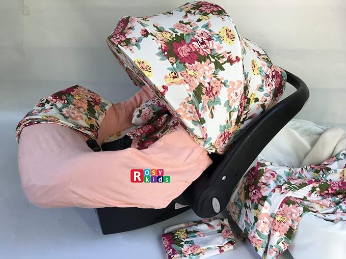 9pc Ultimate Set of Infant Car Seat Cover Canopy Headrest Blanket Hat Nursing Scarf, 25JE10