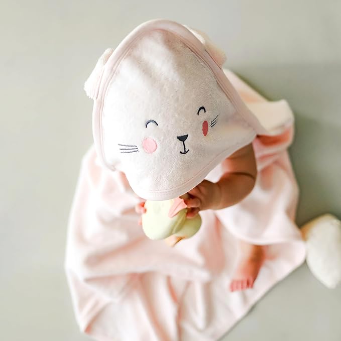 CuddleBug Premium Hooded Baby Bath Towel & Washcloth Set (Bear) - 100% Cotton Terrycloth Hooded Baby Towels for Newborn & Toddler - Super-Soft & Absorbent, Newborn Essentials (33" x 33") - Blush Pink
