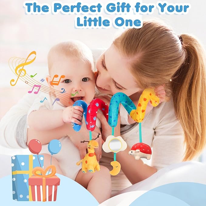 URMYWO Spiral Car Seat Toys for Babies 0-6 Months, Hanging Toy Fits Stroller, Sensory Baby Toy with Bell Crinkle Mirror, Newborn Shower Gifts for Baby Boys and Girls Essentials Stuff