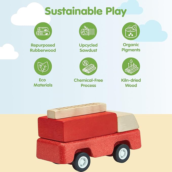 PlanToys® Fire Truck Wooden Montessori Vehicle Toy | Early Movement, Imagination and Practical Life Exploration | Eco Friendly Fire Rescue Truck for Indoor and Outdoor Play