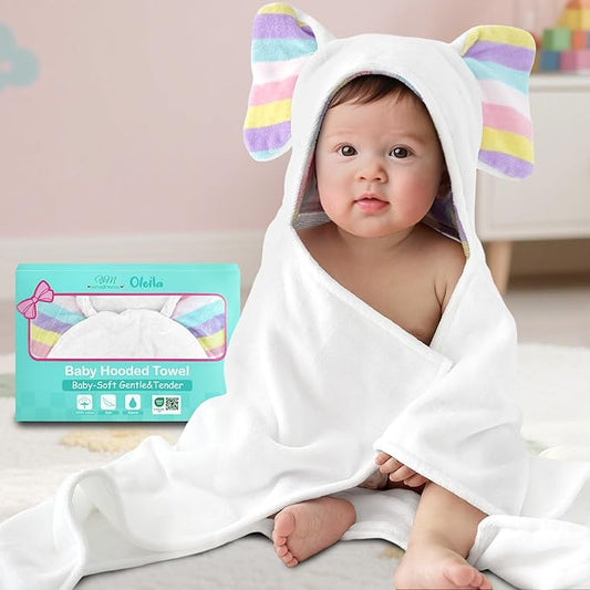 VOOVA & MOVAS Cute Elephant Ears Large Hooded Towel for Baby – 100% Cotton, 420GSM, Thick & Super Absorbent – 33" x 31.5", for 0–18 Months – Newborn, Toddler, Infant Bath Towel, Baby Essentials，White