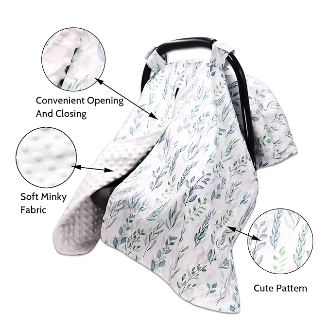 DILIMI Car Seat Covers for Babies, Peekaboo Opening Infant Car Seat Canopy for Baby Boys Girls, 2 in 1 Mom Nursing Breastfeeding Covers, Minky Warm Carseat Canopy for Newborn, Green Leaf