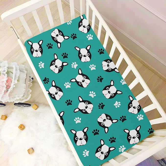 Boston Terrier Puppy Head Fitted Crib Sheets Stretchy Portable Playard Sheets for Baby Toddler, Breathable Soft Mini Crib Mattress 52 x 28 in for Boys and Girls