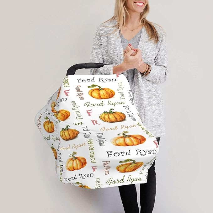 Personalized Car Seat Covers for Babies with Name – Multi-use Breastfeeding Cover Custom Pumpkin Carseat Canopy Cover, Infant Stroller Covers for Boys and Girls