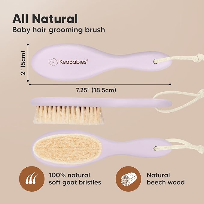 Wooden Baby Hair Brush for Toddler Girls, Boys - Cradle Cap Brush for Babies, Soft Goat Bristles, Perfect Gentle Scalp Newborn Comb for Infant, Girls, Boys, Bath Essentials (Thistle, Regular)