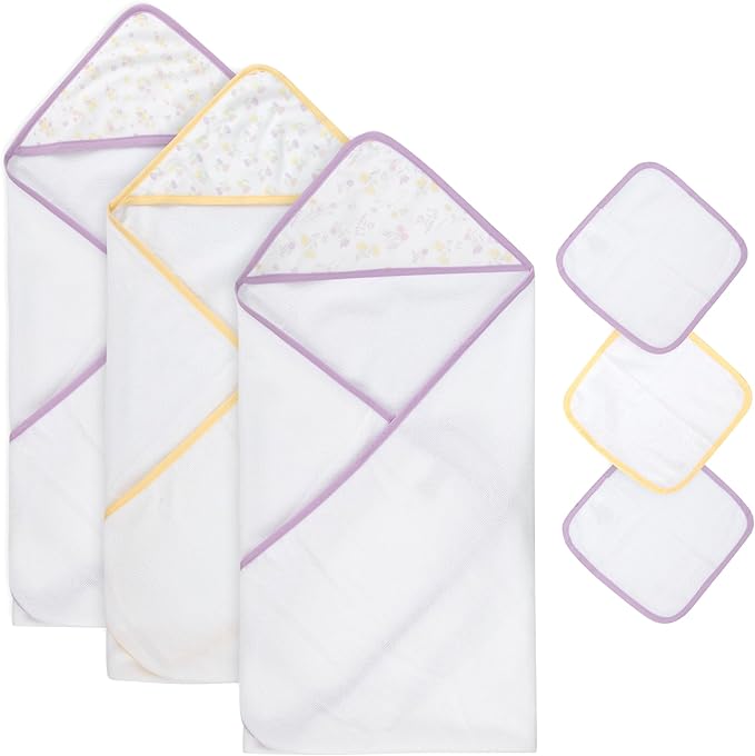 Jessica Simpson Baby 6-Piece Hooded Towel & Washcloth Set – Soft Polyester Baby Bath Towels – Butterfly & Lavender Floral Prints