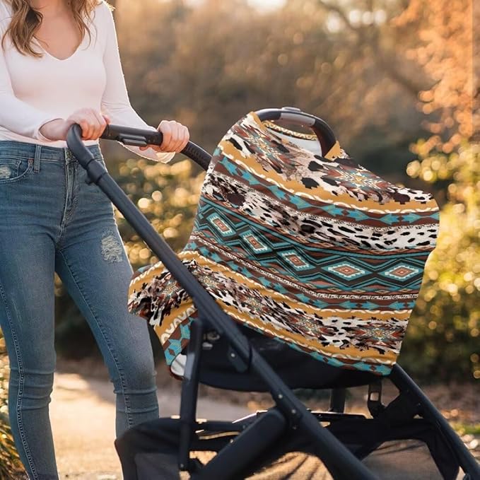 Coldinair Tribal Aztec Cow Stretchy Baby Car Seat Covers for Boys Girls,Soft and Comfortable,Multiuse for Nursing Breastfeeding Covers,Shopping Cart/High Chair/Stroller Covers,Scarff