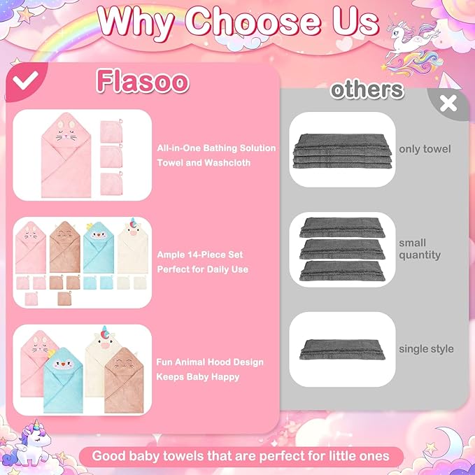 Flasoo 14 Pcs Baby Towel Set, Soft Baby Bath Towels and Washcloths Set, 4 Pcs 32x32 in Animal Hooded Bath Towel & 10 Pcs Baby Washcloths for Infants, Toddlers and Kids for Boys or Girls
