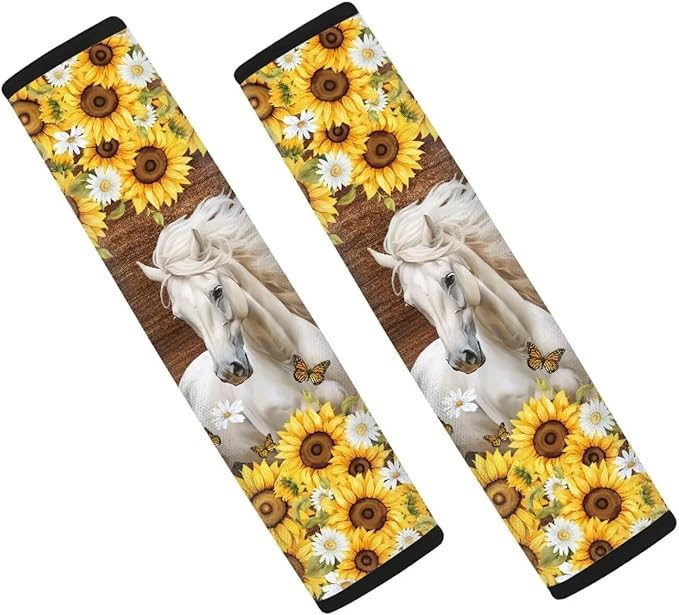 AFPANQZ Two Pack Car Seat Belt Pads Covers Harness Horse Sunflower Print 1 Pair/Set Safety Seatbelt Cushion Pads Kit Shoulder Straps Pads for Bags