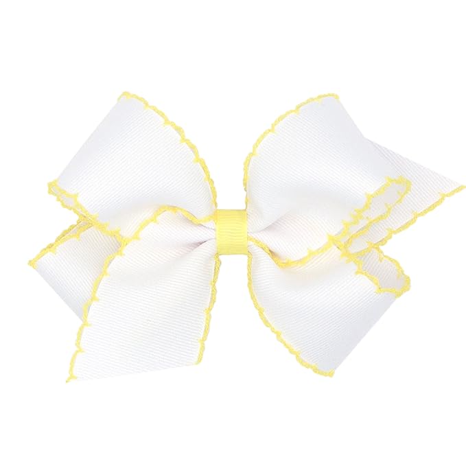 Wee Ones Girls' Classic Grosgrain Moonstitch Edge Hair Bow, No-Slip Hair Clip, Handmade, White with Yellow, Medium