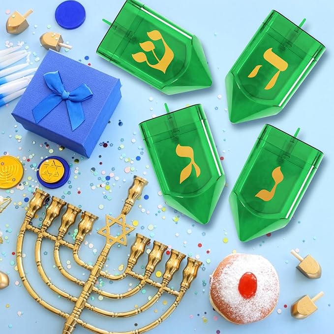 Large Fillable Dreidels for Hanukkah, Pack of 4 Plastic Dreidels Bulk, Green Large Dreidels That Bring Joy and Tradition to Every Celebration