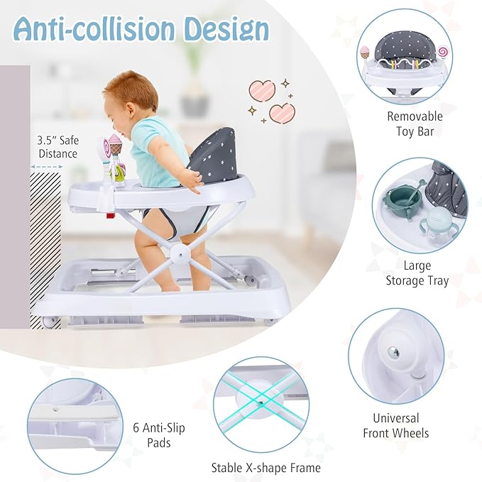 HONEY JOY Baby Walker, Foldable Toddler Walker with Toys, Push Walker for Boys and Girls, Adjustable Height, High Back Padded Seat, Infant Activity Walker with Wheels (Gray)