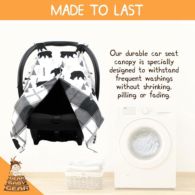 Dear Baby Gear Car Seat Cover for Boys & Girls - Baby Carseat Canopy w/Snap Opening - Infant Seat Cover - Stroller & Nursing Covers - Newborn Carrier Canopy - 40x30 (Black Bears, Black & Grey Plaid)