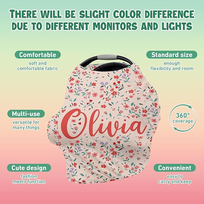 Custom Name Car Seat Canopy - Baby Car Seat Covers, Infant Stroller Cover, Red Pattern Carseat Canopy Christmas Birthday Gifts for Girls and Boys