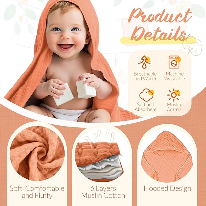 VitalCozy 12 Pcs Baby Muslin Hooded Bath Towels and Washcloths, Muslin Hooded Baby Towels Absorbent Blankets for Gift Newborn Infant Shower (Vibrant Colors)