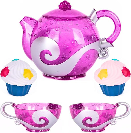 Princess Tea & Treats Water Toy Set - Girls Bath & Pool Tea Party Playset - Teapot, 2 Tea Cups, and 2 Silicone Cupcakes That Spray Water - Water Safe Toys - Toddler Summer Princess Party Favor & Decor