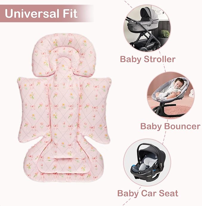 Infant Car Seat Insert with 3 Strap Covers, Soft Car Seat Head Support for Baby Girls, Plush Fabric Newborn Insert for carseat, Strollers, Swings, Bouncer, Flower Bow