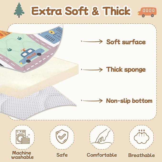 Baby Play Mat for Floor,Soft 50x50 Playpen Mat,Thick Foam Playmat for Tummy Time,Safe Non-Slip Backing for Kids,City Road