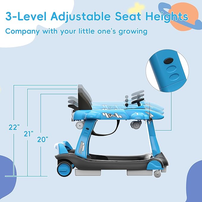 Betterhood 6-in-1 Foldable Baby Walker with Adjustable Height & Speed, Airplane-Themed Activity Push Walker with Music & Lights, Wheels, Anti-Slip Design, Suitable for Boys & Girls Aged 6-18 Months