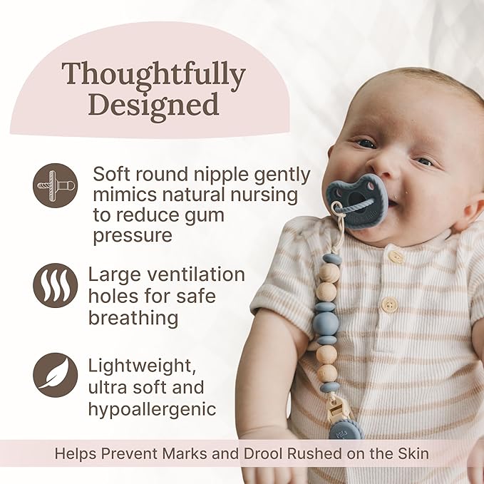 Round Shape Silicone Pacifiers (Set of 2); 0 Months and up; 100% Food-Grade Silicone; Ultra-Light Silicone Binkies Set; 1 Piece Design (Olive/Ocean) - Mila & Lulu