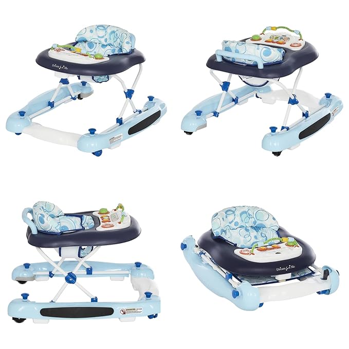 Dream On Me Go-Getter Baby Walker and Walk Behind Walker, Adjustable Seat Height, Comfortable Padded Seat, Easy to Fold, Pack and Store, Detachable Fun Tray, Blue