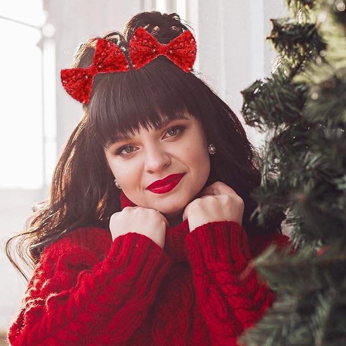Ouligay 2 Pcs Sparkly Red Hair Bow,Sequin Christmas Bows for Girls,Christmas Hair Clips,Bows Barrettes for Toddler Girls,Red Hair Accessories for Daily Weding Thanksgiving Accessories