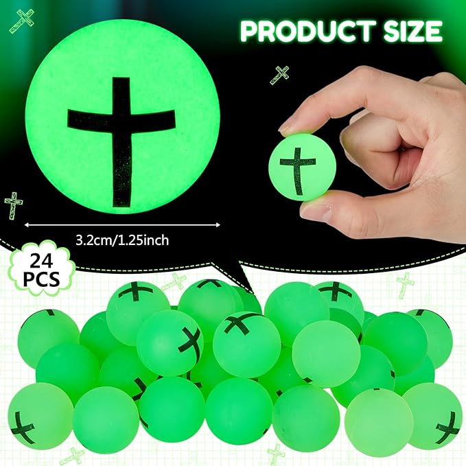 Seenelling 24 Pcs Christian Glow in the Dark Bouncy Balls Jesus Cross Rubber High Bouncing Balls Christian Party Favor Religious Classroom Gifts (Green)