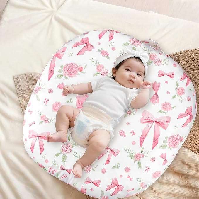 Newborn Lounger Cover Baby Girls, Ultra Soft Comfortable Flower Infant Lounger Pillow Slipcover, Easy Removal and Machine Washable, 1 Cover Only (Pink Rose)