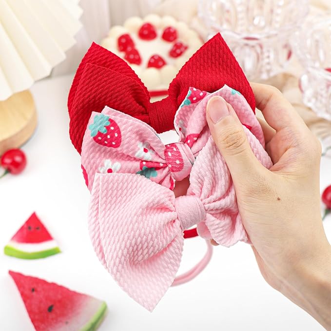 3 Pcs Baby Girl Headbands 4.5’’ Pink Bows Strawberry Hair Accessories Summer Outfits for Newborn Infant Toddler Girls Clothes