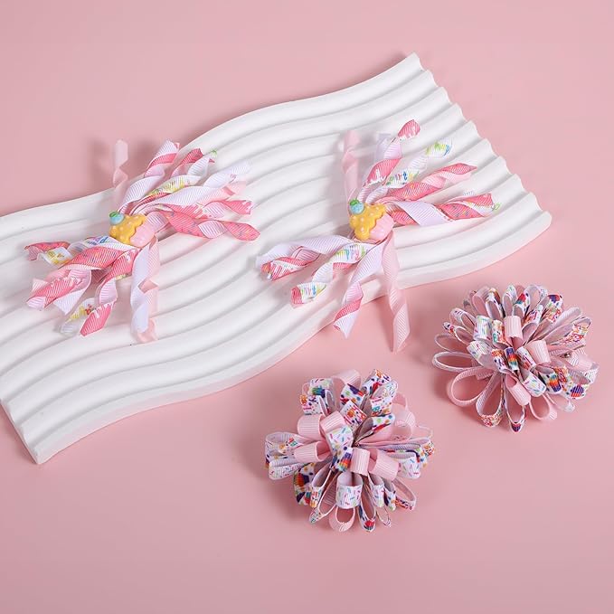 4pcs Happy Birthday Korker Hair Bow Clips for Baby Toddler Girls Ages 1-6, Pink Confetti Sprinkle Curly Ribbon Hairpins Alligator Barrettes,Kids Ice Cream Party Dress Accessory Gift