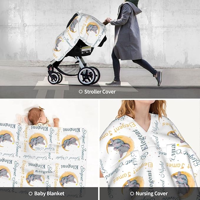 Personalized Baby Name Car Seat Covers for Girls, Nursing Custom Elephant Carseat Canopy for Babies Boy Winter Breastfeeding Cover Car Seat Canopies for Newborn Infant Toddler
