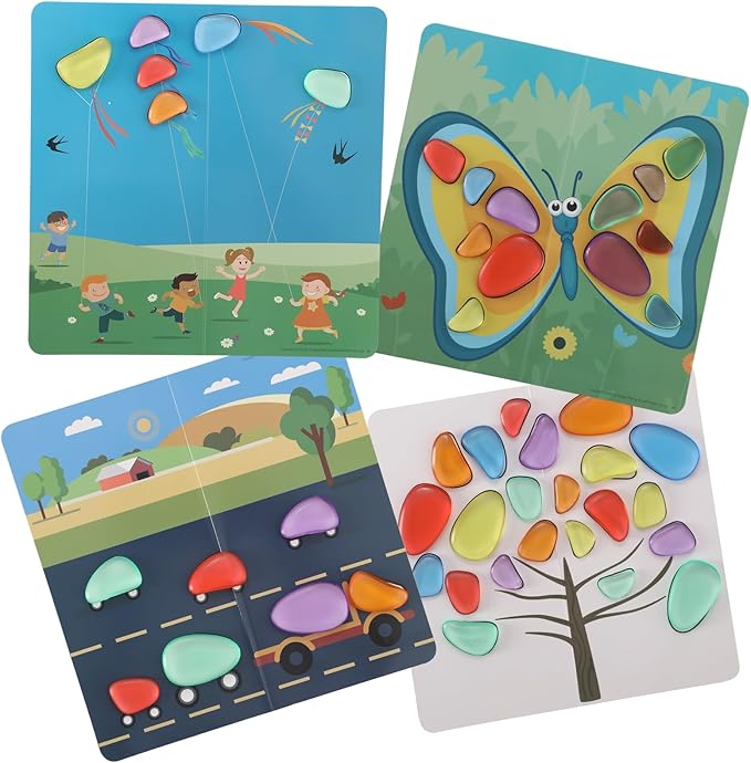 36 Pcs Translucent Pebbles, Rainbow Stones,Light Table Manipulatives Preschool,Light Table Accessories, Includes 24 Activity Cards