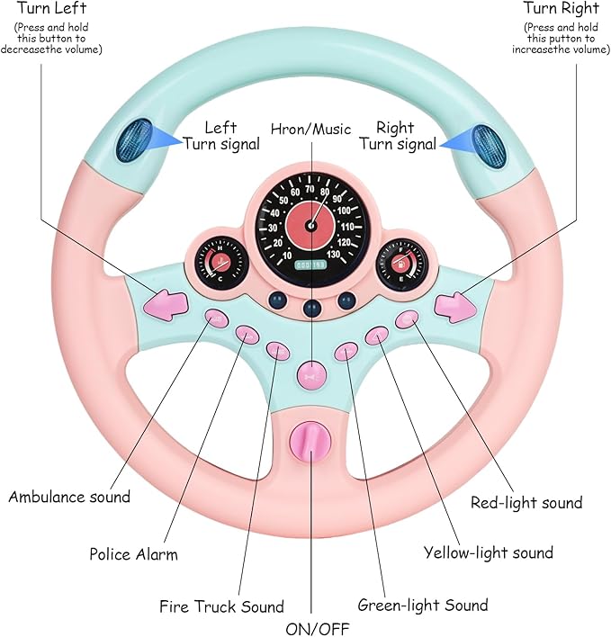 Toy Steering Wheel for Kids with Light and Music,Simulated Driving Toys Gift for Toddlers 3+ (Pink)
