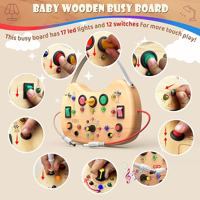 UdoUto Toddler Busy Board with LED Light Up Switch, Wooden Montessori Busy Board for Todder 1-3, Travel Toys for Autistic Kids, Gift for 1 2 3 Year Old Baby Boys & Girls