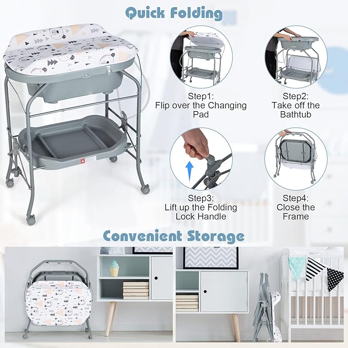 HONEY JOY 2-in-1 Baby Bathtub & Changing Table, Foldable Infant Diaper Changing Station with Wheels, Storage Tray, Waterproof Pad, Portable Newborn Nursery Organizer Bath Stand for Boys Girls (Gray)