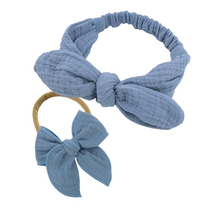 Sugarmelon Original Cotton Gauze Headband for Newborn Toddler Infant Baby Girl Kids Muslin Cotton Hair Bow Headbands Turban Elastic Hair Bands (2 pcs Smoke Blue)