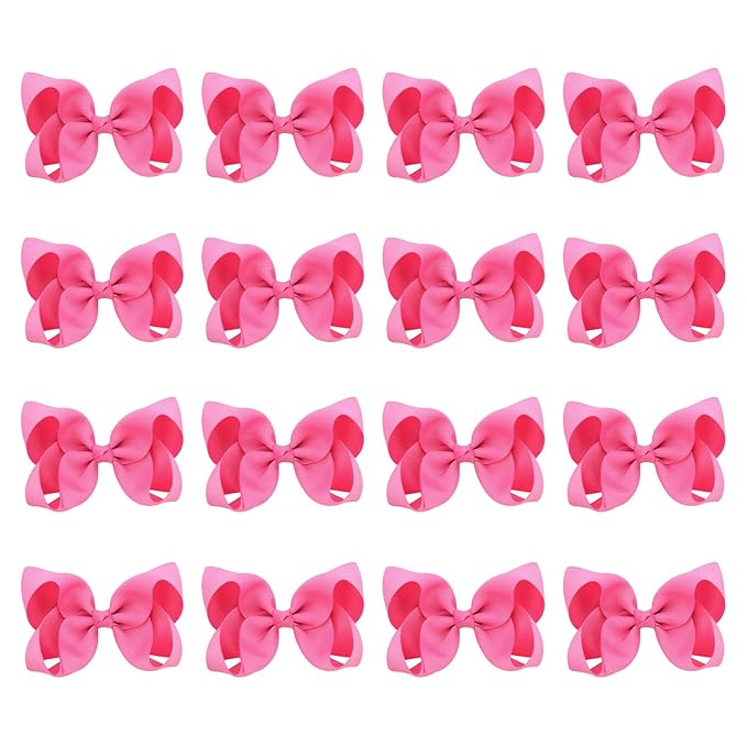 DEEKA 16 PCS 4" Hand-made Hair Bow Grosgrain Ribbon Solid Color Hair Bow Alligator Clips Hair Accessories for Little Teen Toddler Girls -Hot Pink