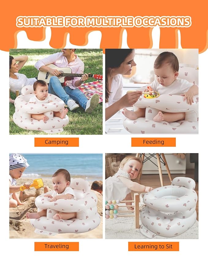 AGITVPS Inflatable Baby Seat for Babies 3-36 Months, Built in Air Pump Baby Chair Sit Me up Floor Seat for Baby, Bumbo Seat for Learning to Sit, Feeding, Camping (Bear-Surround)