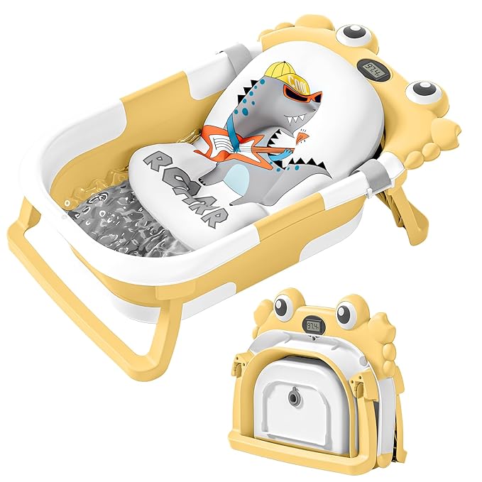 Collapsible Baby Bathtub for Newborns with Thermometer and Soft Floating Cushion Portable and Foldable Travel Baby Boy Bath Tub for Infants to Toddler 0-36 Month