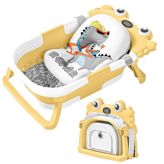 Collapsible Baby Bathtub for Newborns with Thermometer and Soft Floating Cushion Portable and Foldable Travel Baby Boy Bath Tub for Infants to Toddler 0-36 Month
