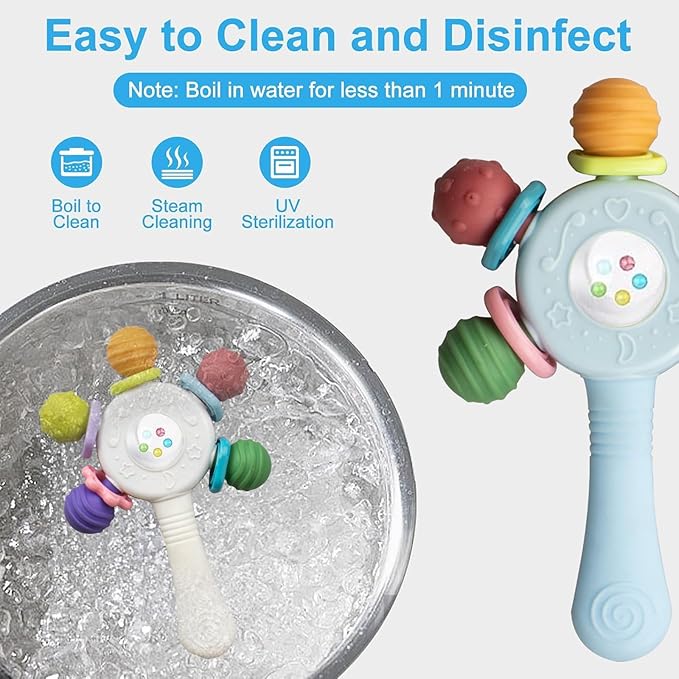2PCS Baby Sensory Teething Toys-Rattle Stick,Food Grade BPA Free Chew Toy,Grip Strengthening Handle for Hearing Teeth Development,Infant Learning Toys for Aged 0-36 Months (White+Green)
