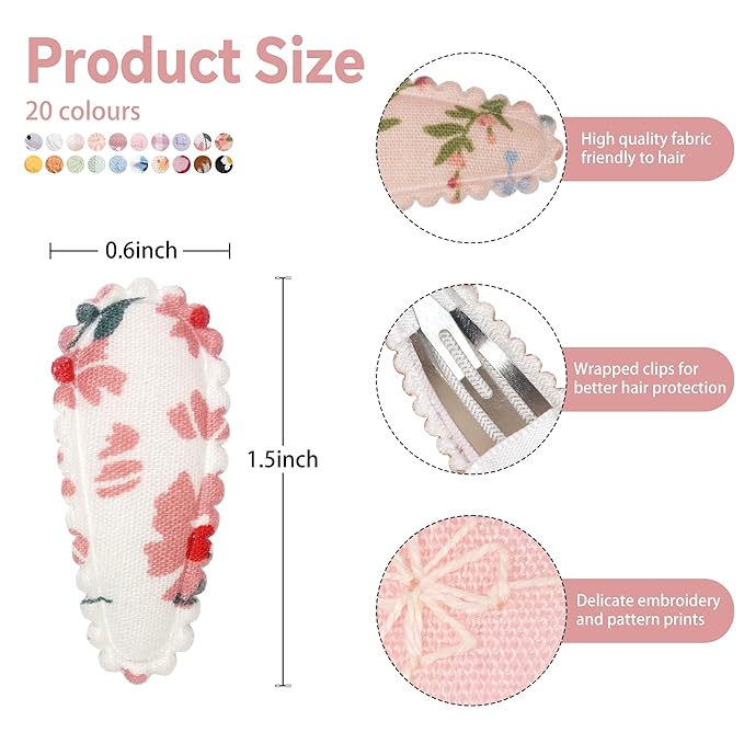 40 PCS Snap Hair Clips Flower Pattern for Fine Hair - 1.5 inches Wrapped Mini Barrettes and Hair Accessories for Infants and Toddlers (20 Colors in Pair)