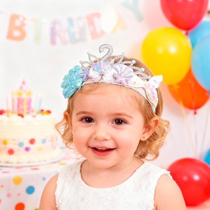 cherrboll Baby Girl Birthday Crown Floral Headband, Soft Flower Head Wrap Tiara Hairband for 1-3 Years Old Toddlers Kids 2nd Birthday Party Dress Photo Decoration
