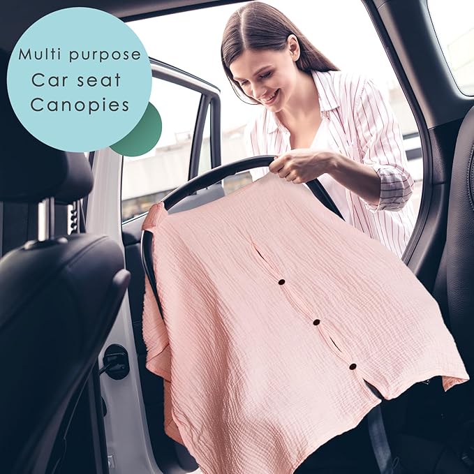 Organic Cotton Muslin Baby Car Seat Cover, Multi Use for Nursing Cover,Breathable Carseat Canopy for Boys Girls (Pink)
