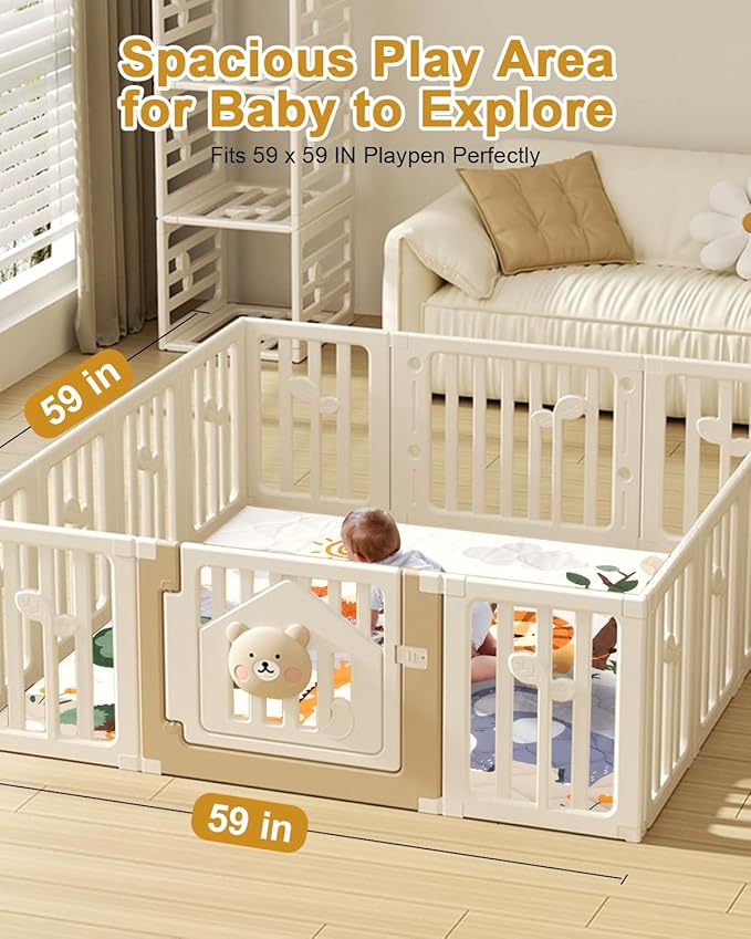 TINYHARBO Premium Foam Baby Play Mat 59" x 59" – Removable & Machine Washable Cover, Extra Thick Padding Playpen Mat, Non-Slip Crawling Mat, Easy to Clean for Infants, Toddlers & Babies