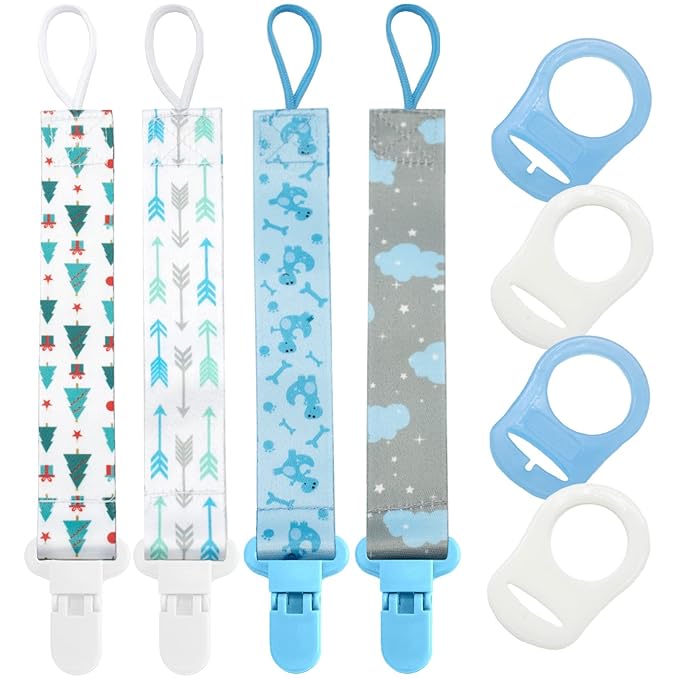 8 Pcs Dummy Clips Girls Baby Pacifier Holder Soother Clip Chain Straps with Plastic Clasp, Silicone Ring Adapter, Fit All Dummies & Soothers & Teething Toys, Newborn Essentials (Blue)